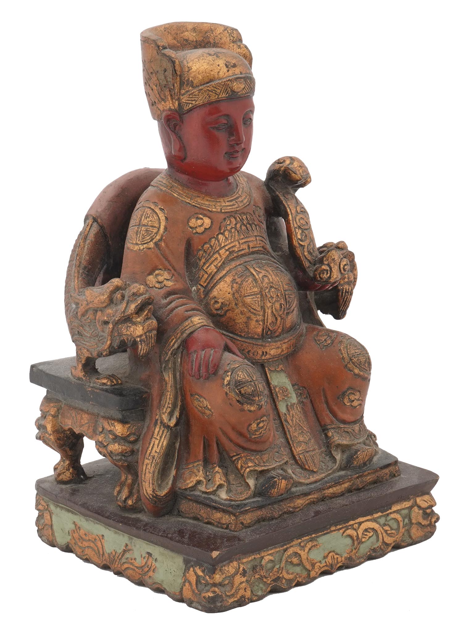 ANTIQUE CHINESE POLYCHROME WOOD FIGURE OF EMPEROR PIC-0